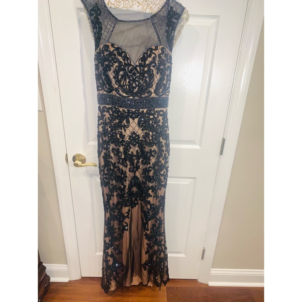 Modest Elegant Gown shiny black and nude dress